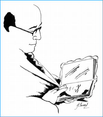 « André Gide et son livre-miroir » : Dessin original et inédit de l’illustrateur Jacques Clavreul, juin 2002.
